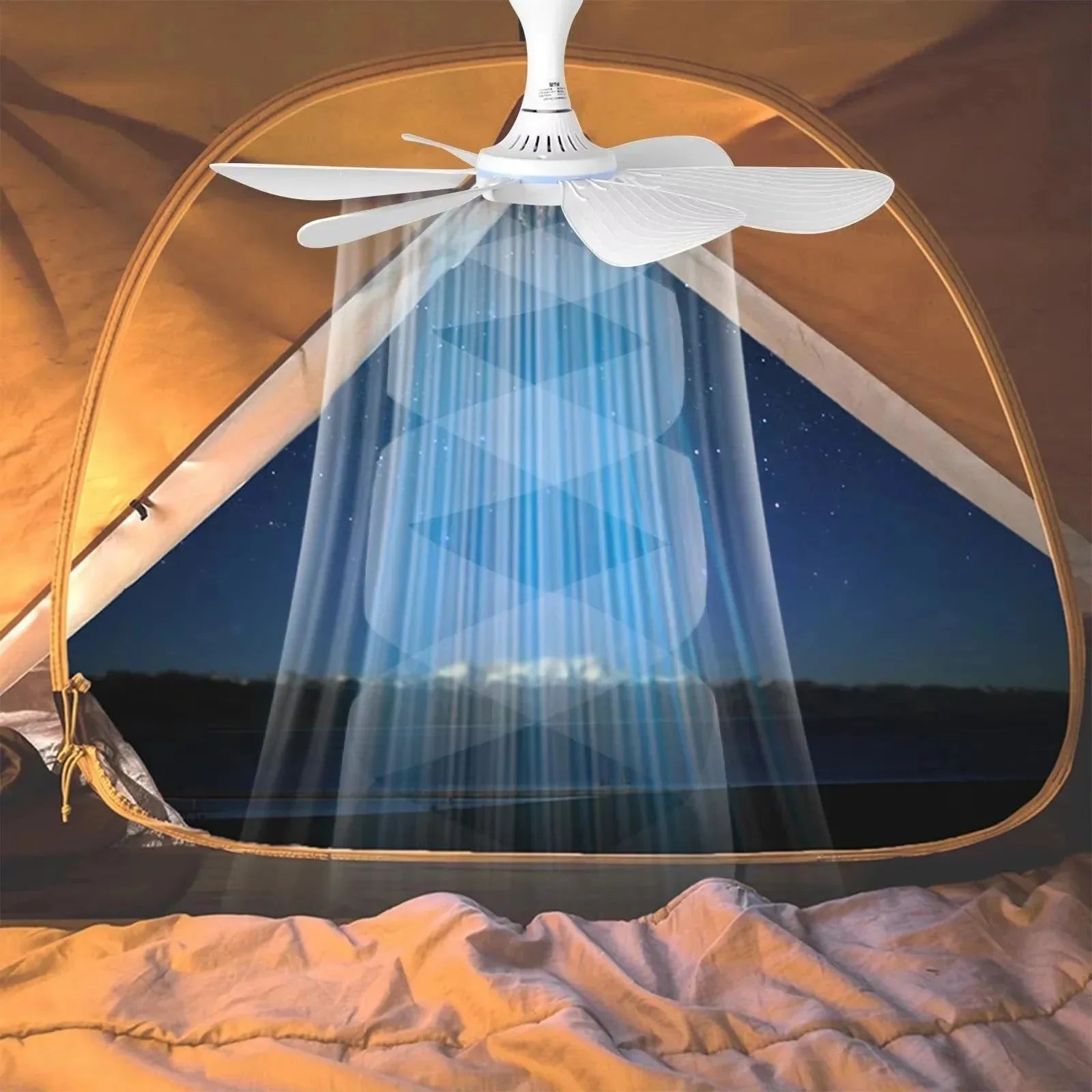 USB-powered hanging fan in a tent