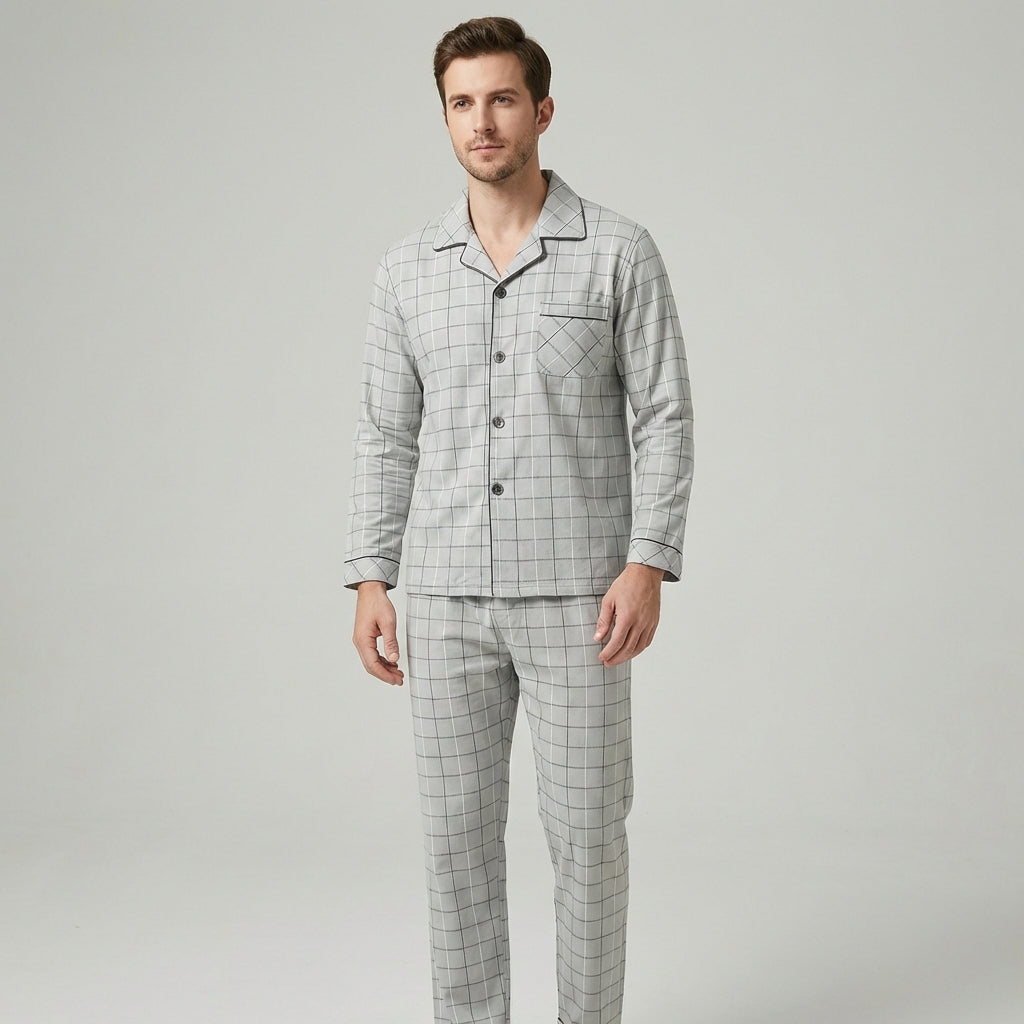 Ultra-Soft Men's Plaid Lounge Set – Breathable Button-Front Pajama Shirt & Pants for Sleep & Relaxation